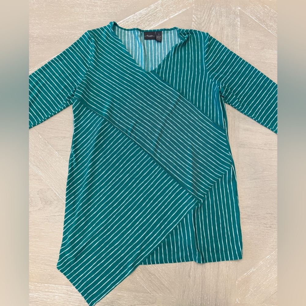 Striped Teal Green V-Neck Asymmetric Faux Wrap Tunic